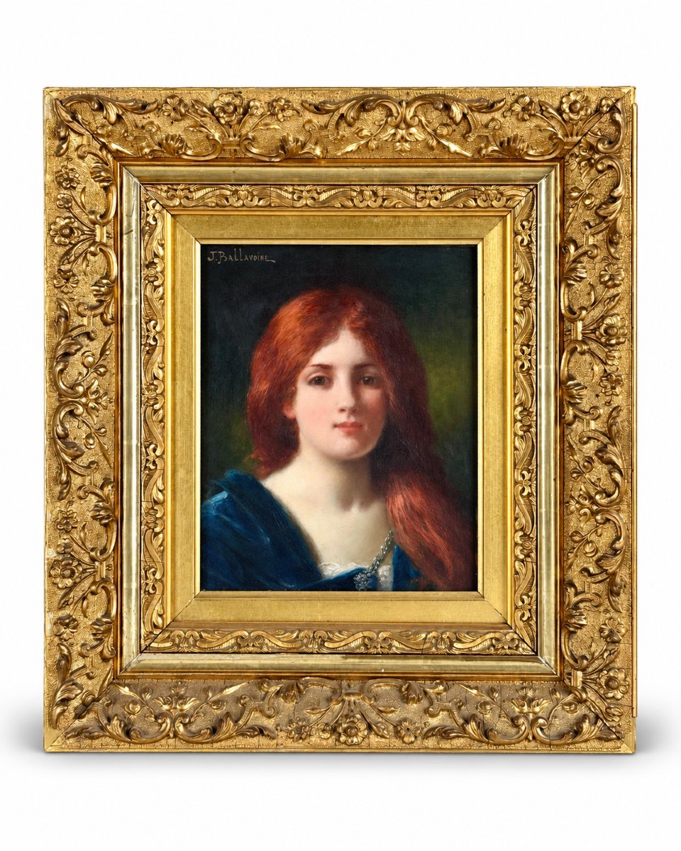 Jules-Frédéric Ballavoine  tableau   Portrait de jeune femme rousse 19ème cadre doré  hst-photo-3