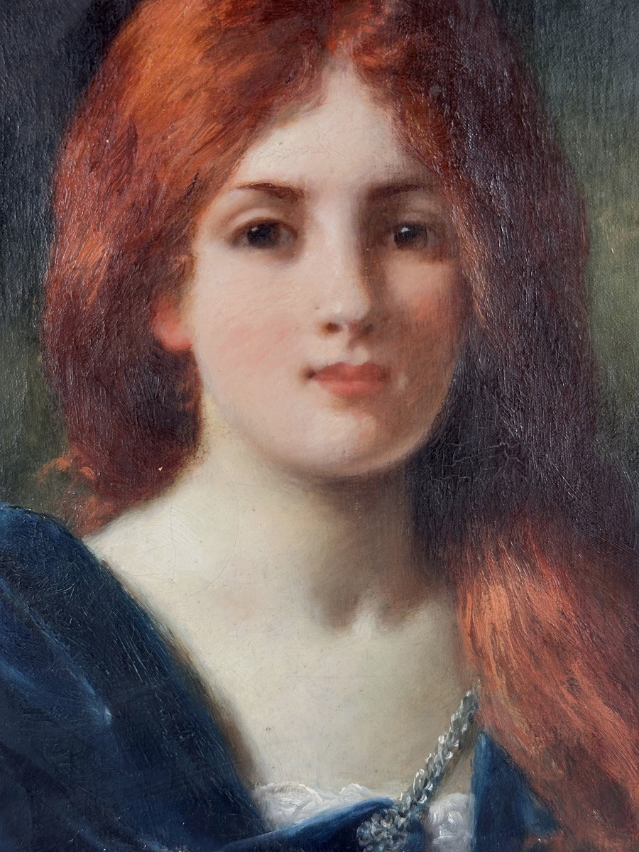 Jules-Frédéric Ballavoine  tableau   Portrait de jeune femme rousse 19ème cadre doré  hst