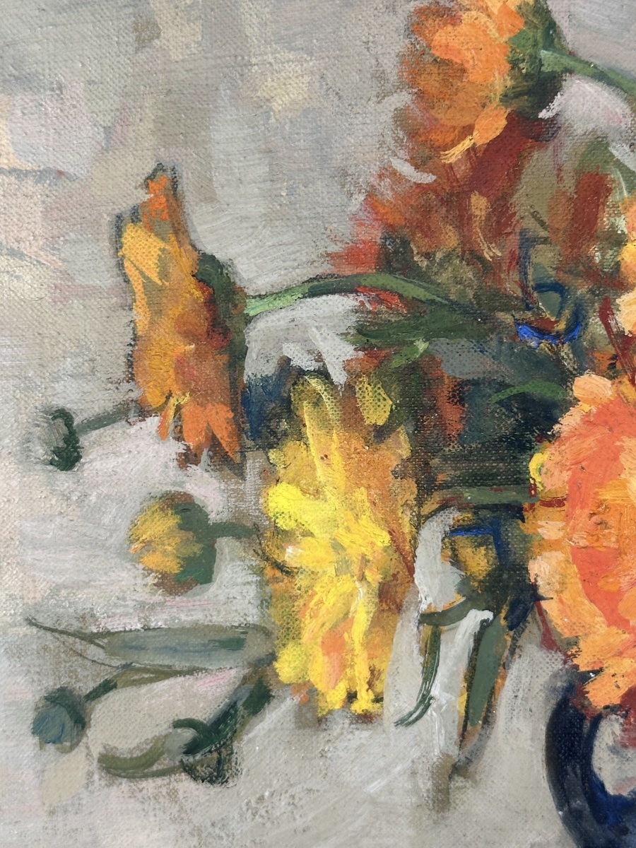 Marie Antoinette Queroy Tableau orientaliste bouquet de fleurs zinnias oriental Art déco hst-photo-2