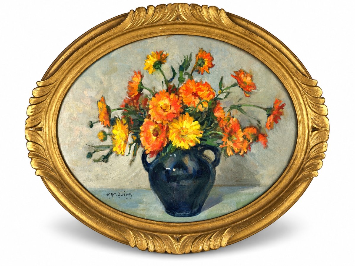 Marie Antoinette Queroy Tableau orientaliste bouquet de fleurs zinnias oriental Art déco hst