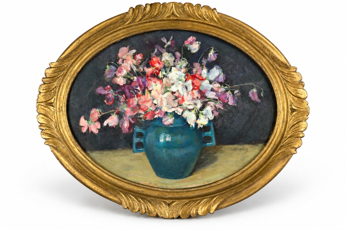 Marie Antoinette Queroy Painting: Bouquet Of Sweet Peas, Art Deco, Dinet, Orientalist