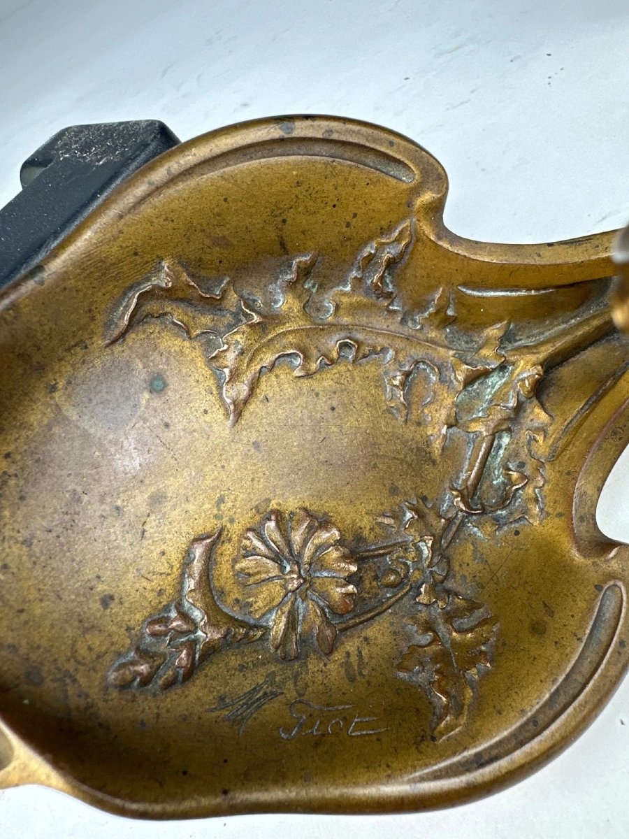 Maurice Giot  Bougeoir vide poche en bronze signé Art Nouveau style nouille 1900-photo-1
