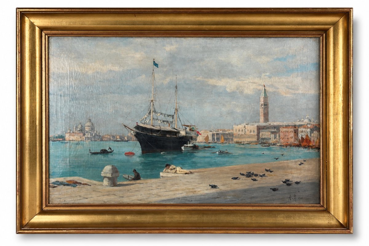 Emile Morlon  Beau tableau vue de Venise animé Marine bateau veduta 19ème hst -photo-3