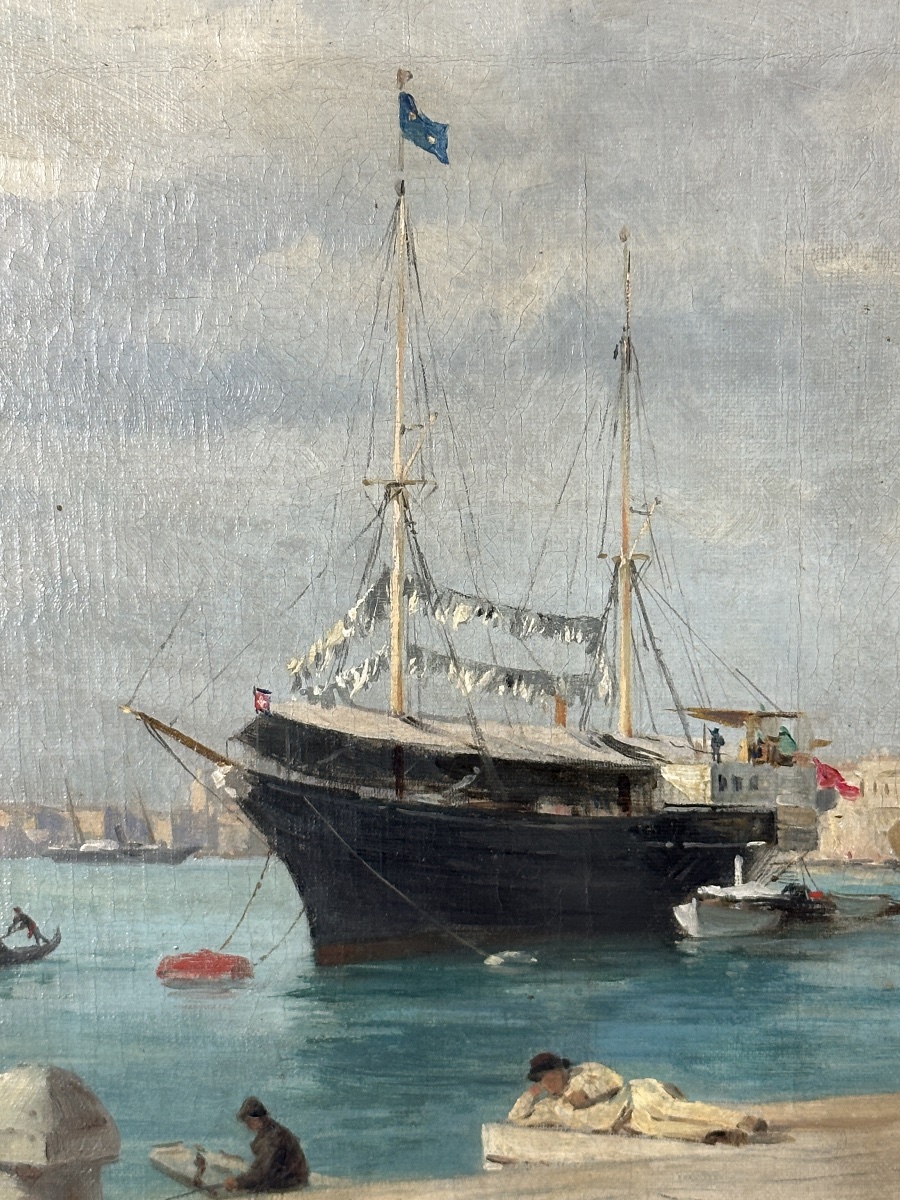 Emile Morlon  Beau tableau vue de Venise animé Marine bateau veduta 19ème hst -photo-4