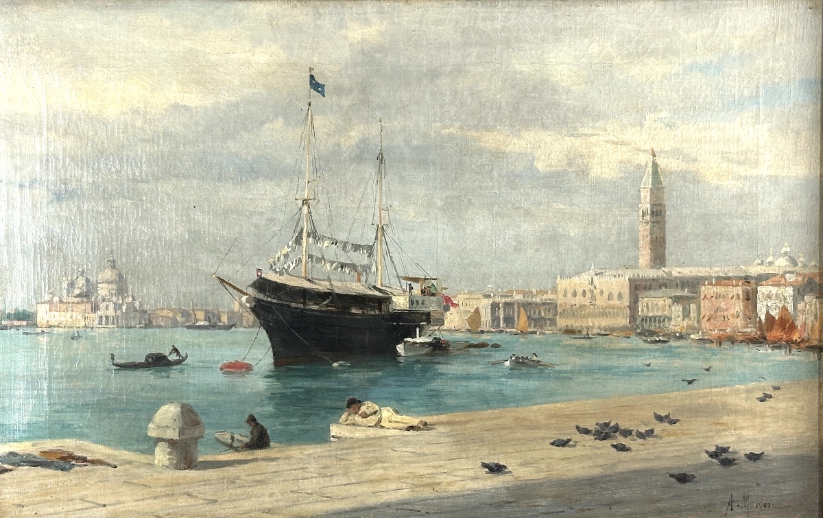 Emile Morlon  Beau tableau vue de Venise animé Marine bateau veduta 19ème hst -photo-2
