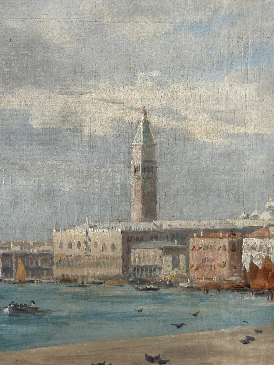 Emile Morlon  Beau tableau vue de Venise animé Marine bateau veduta 19ème hst -photo-4