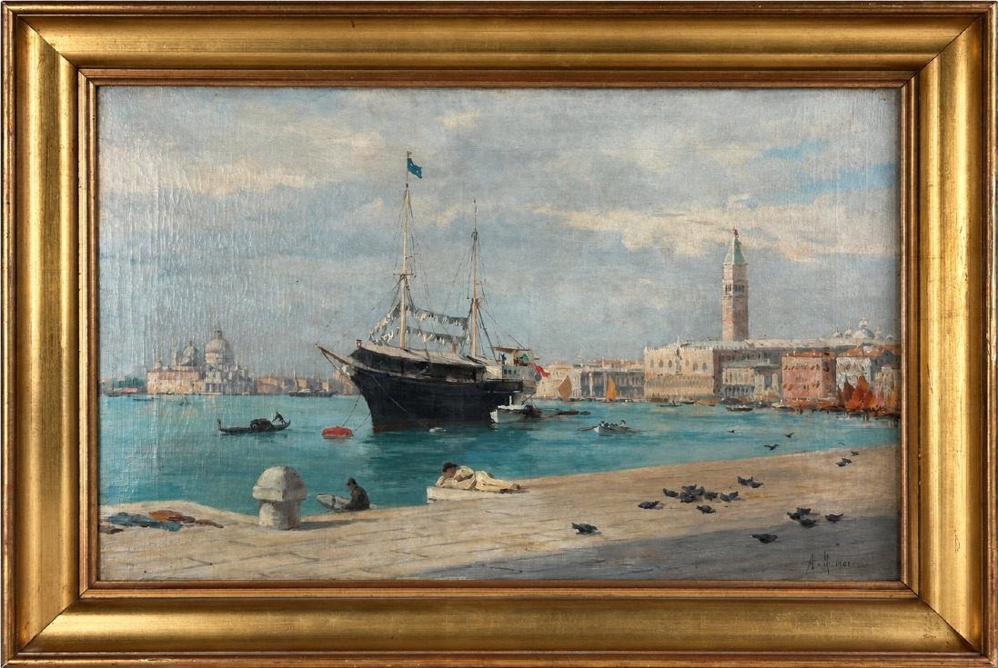Emile Morlon  Beau tableau vue de Venise animé Marine bateau veduta 19ème hst 