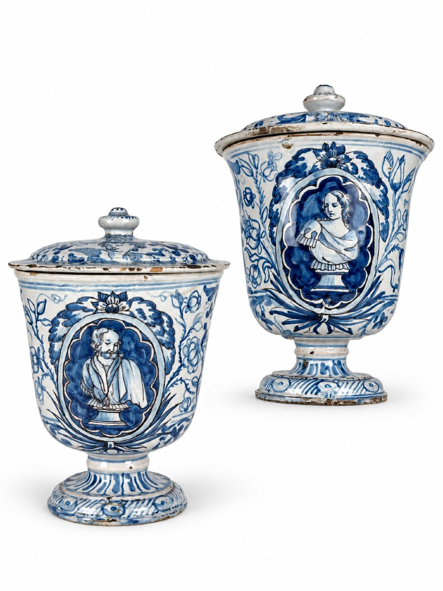 Pair Of 17th-century Earthenware Vases With Lids, Featuring An Antique-style Portrait In A White-and-blue Medallion, 26 Cm -photo-2