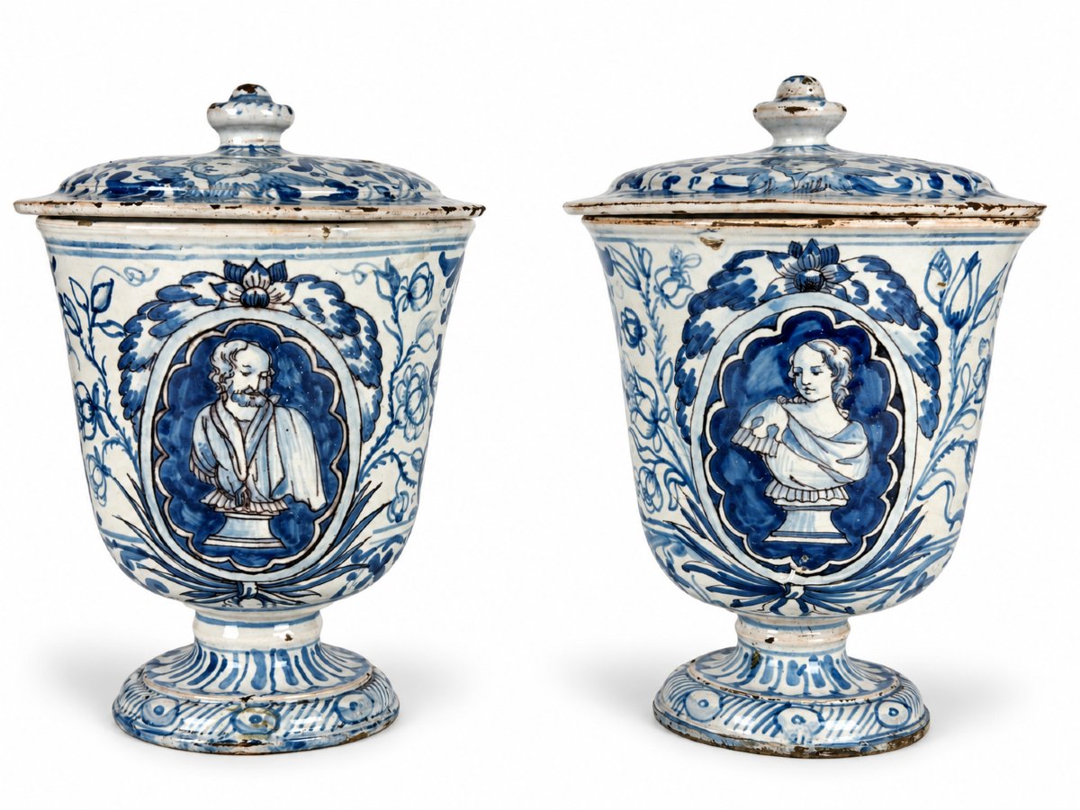 Pair Of 17th-century Earthenware Vases With Lids, Featuring An Antique-style Portrait In A White-and-blue Medallion, 26 Cm -photo-3