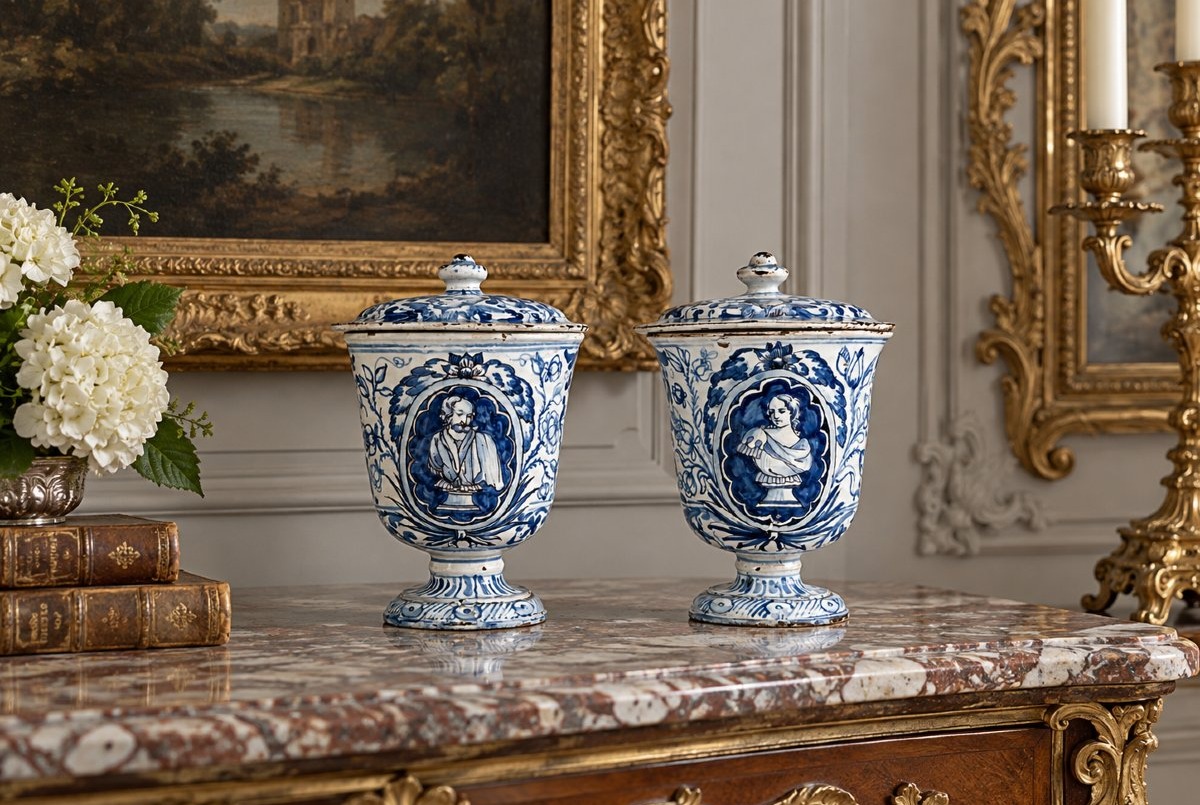 Pair Of 17th-century Earthenware Vases With Lids, Featuring An Antique-style Portrait In A White-and-blue Medallion, 26 Cm -photo-5