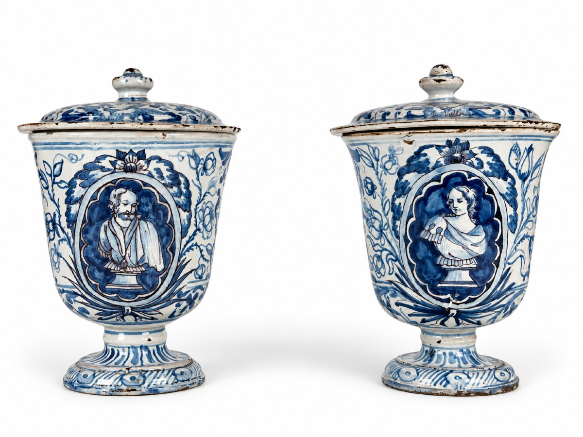 Pair Of 17th-century Earthenware Vases With Lids, Featuring An Antique-style Portrait In A White-and-blue Medallion, 26 Cm 