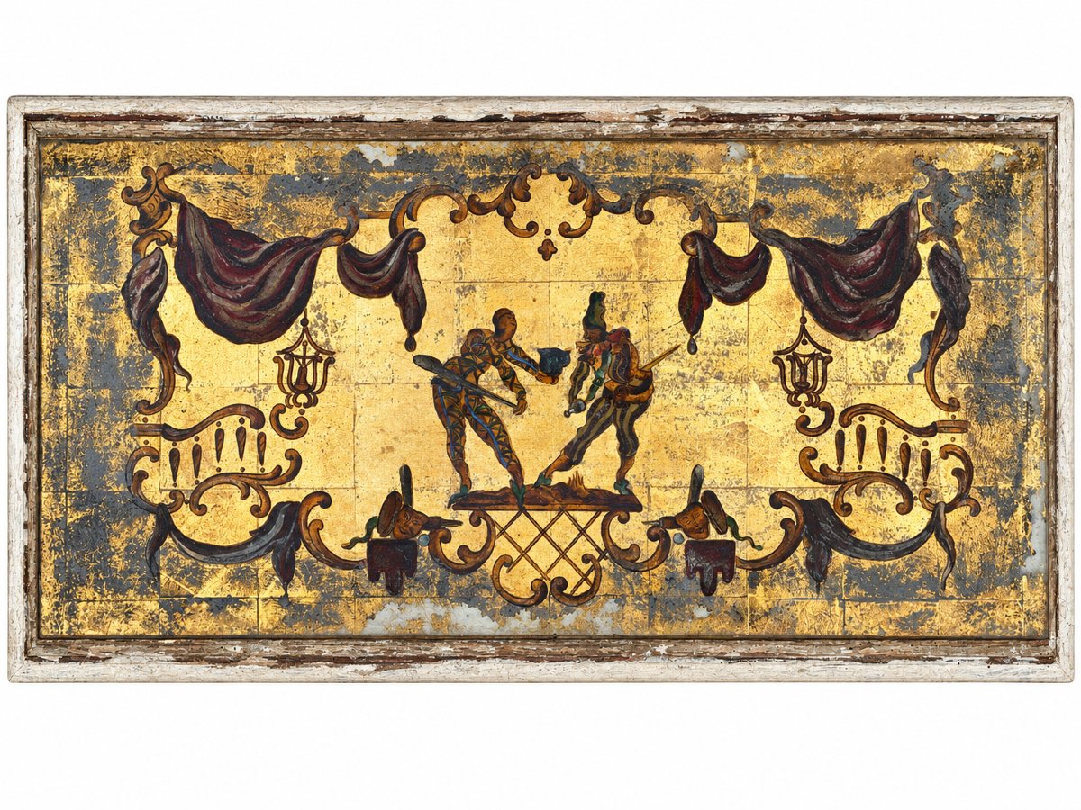 Table basse salon 1940 bois sculpté laqué verre églomisé doré commedia del Arte-photo-2