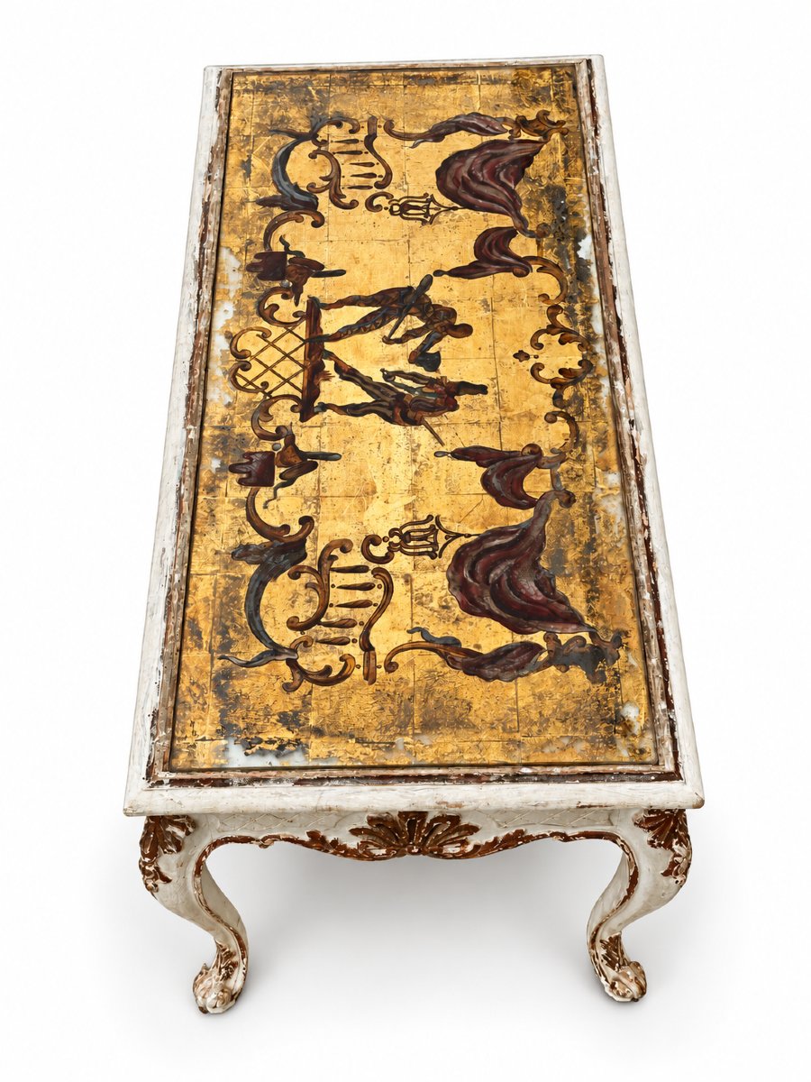 Table basse salon 1940 bois sculpté laqué verre églomisé doré commedia del Arte-photo-4