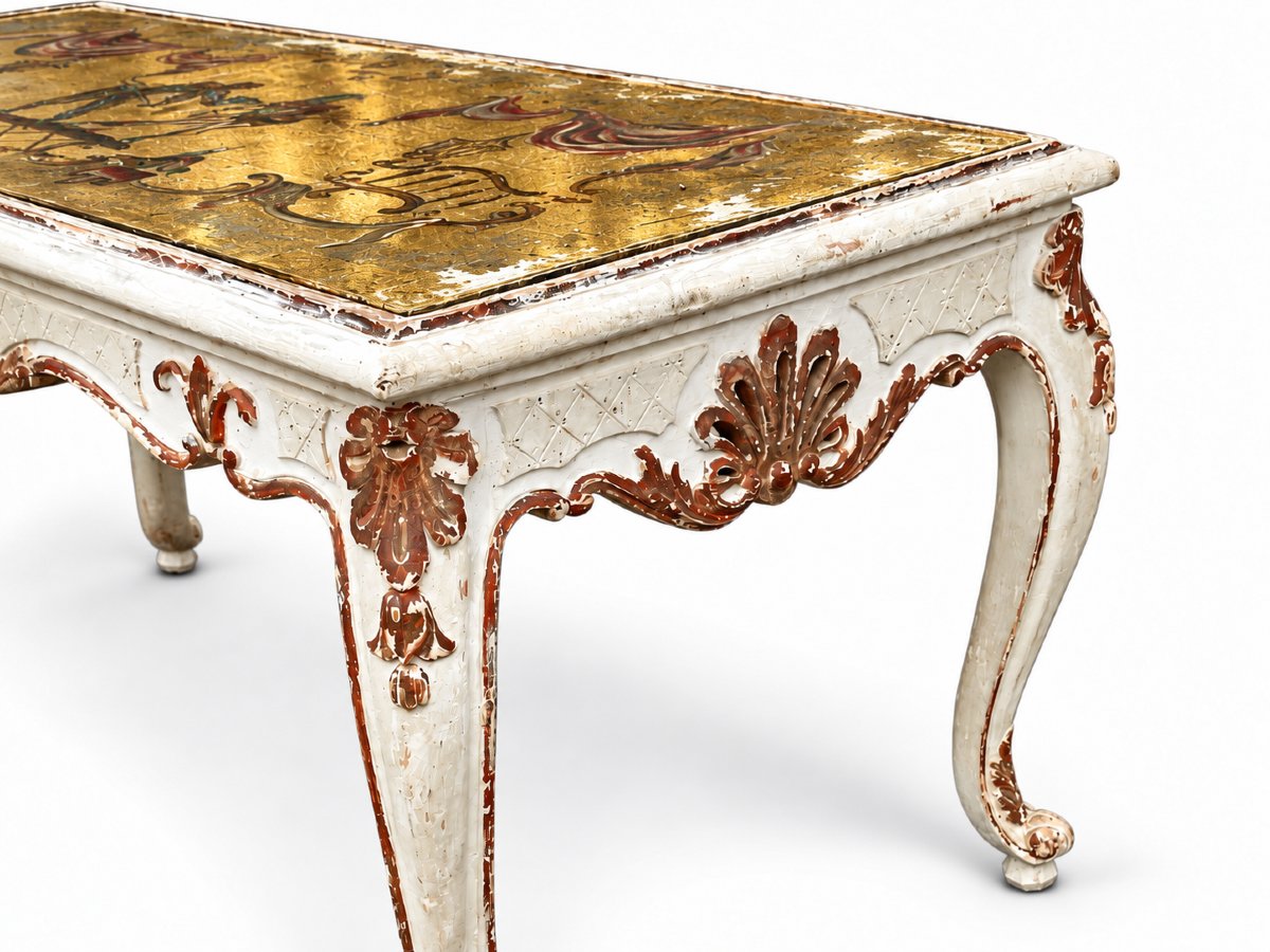 Table basse salon 1940 bois sculpté laqué verre églomisé doré commedia del Arte-photo-2