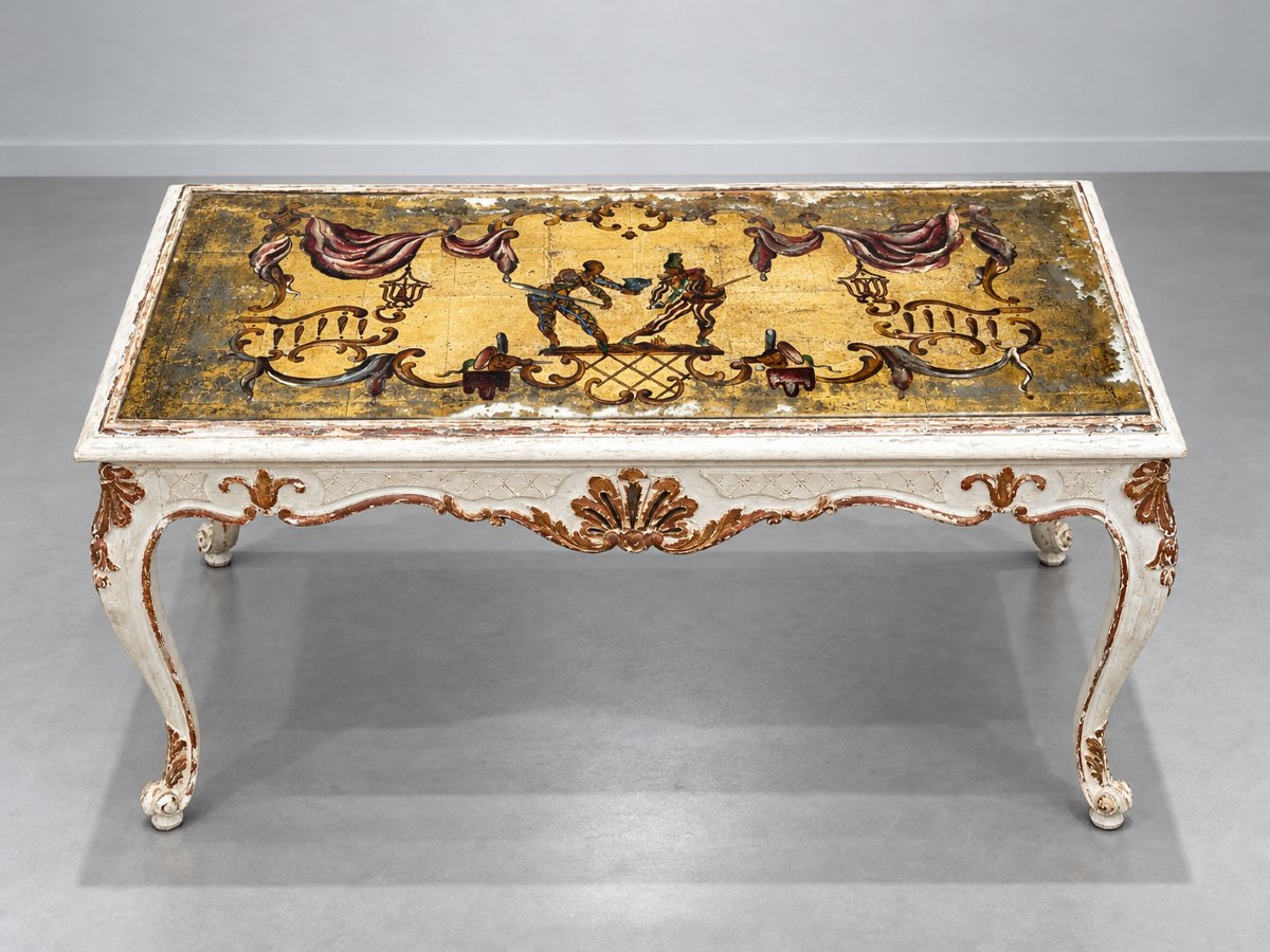 Table basse salon 1940 bois sculpté laqué verre églomisé doré commedia del Arte-photo-3