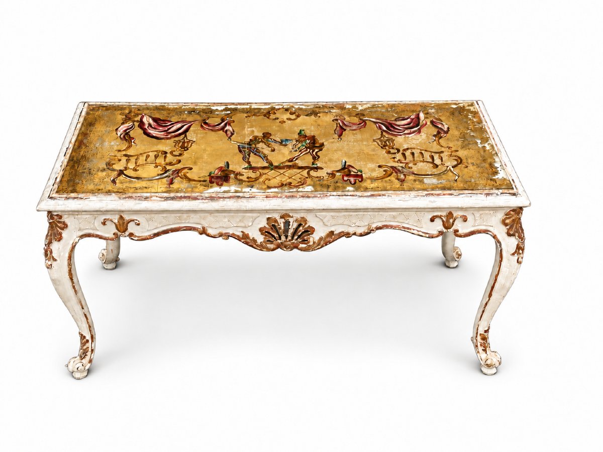 Table basse salon 1940 bois sculpté laqué verre églomisé doré commedia del Arte