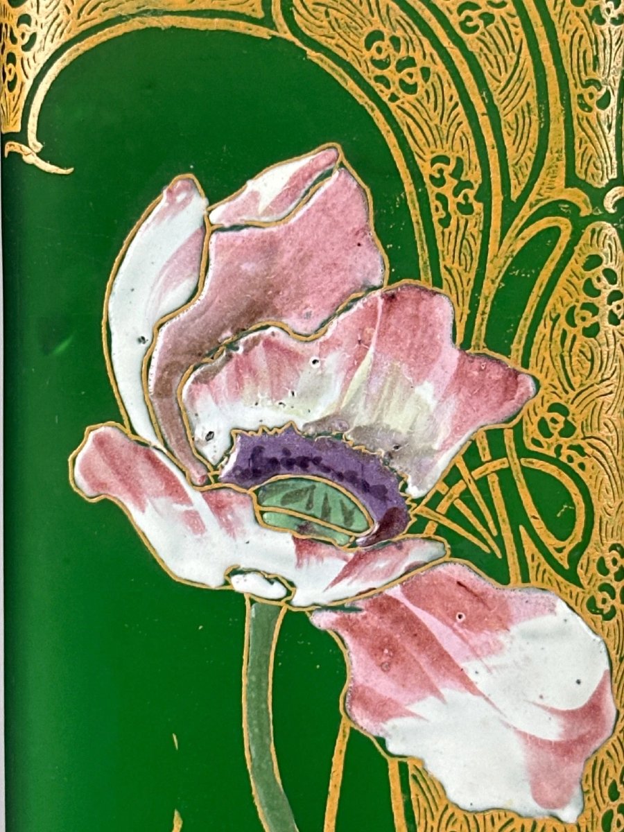 Legras Vase  art Nouveau verre émaillé fleur cyclamens Montjoye  26cm-photo-3