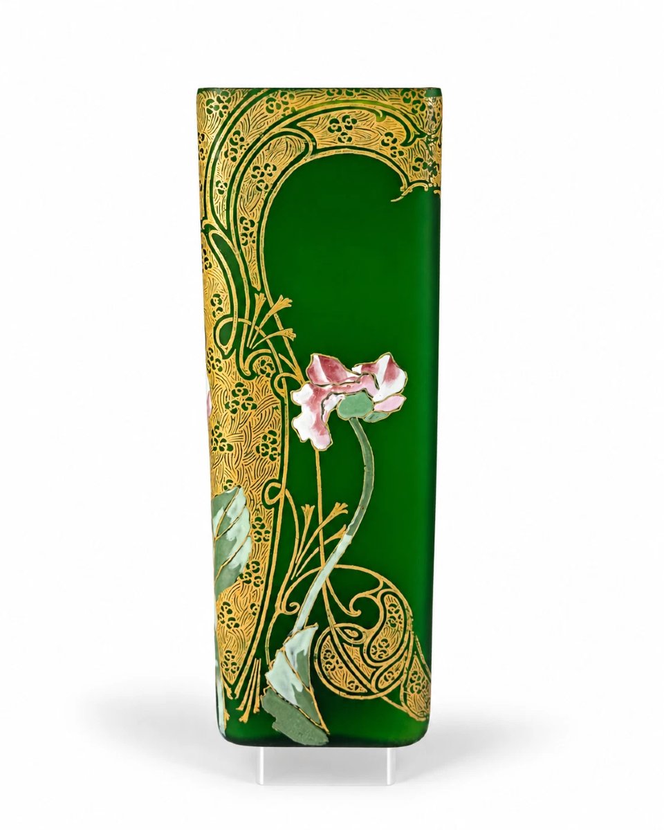 Legras Vase  art Nouveau verre émaillé fleur cyclamens Montjoye  26cm-photo-4
