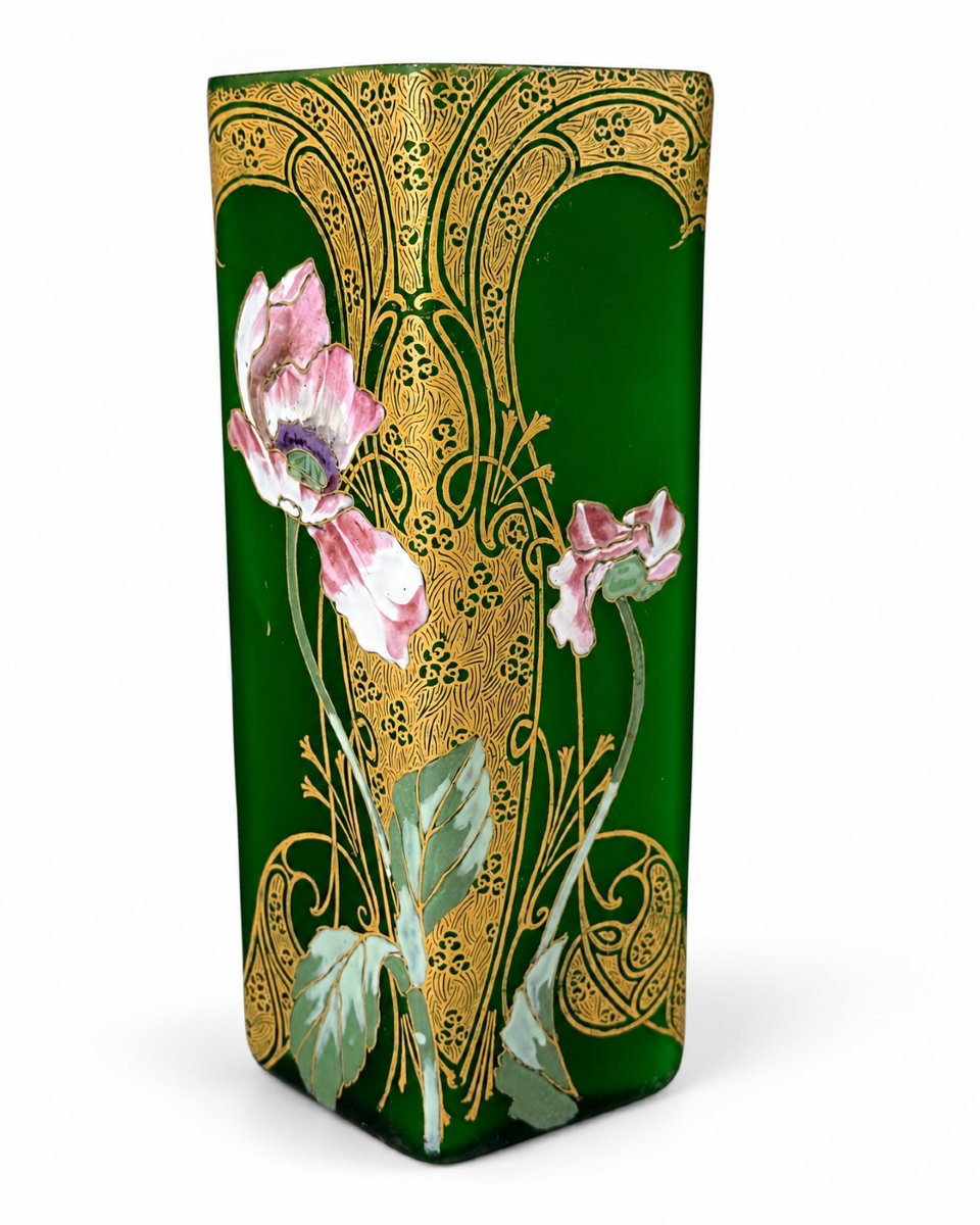 Legras Vase  art Nouveau verre émaillé fleur cyclamens Montjoye  26cm