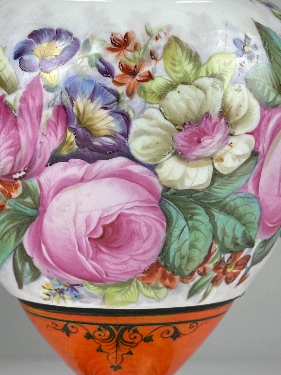 Paire de Vases Médicis Porcelaine de Paris décor bouquet de rose 19e 36cm-photo-3