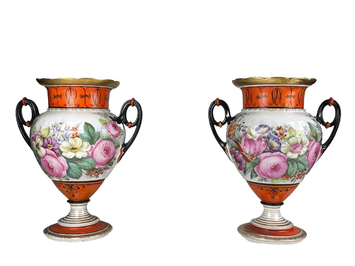 Paire de Vases Médicis Porcelaine de Paris décor bouquet de rose 19e 36cm-photo-6