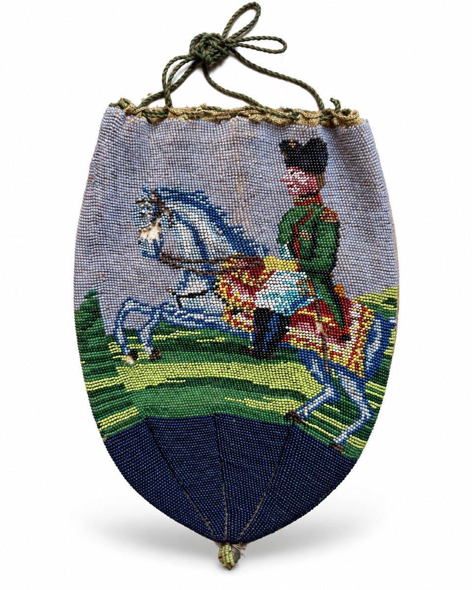 Aumônière ancienne sac en perles de verre Cavaliers à cheval – XVIIIe cuir-photo-2