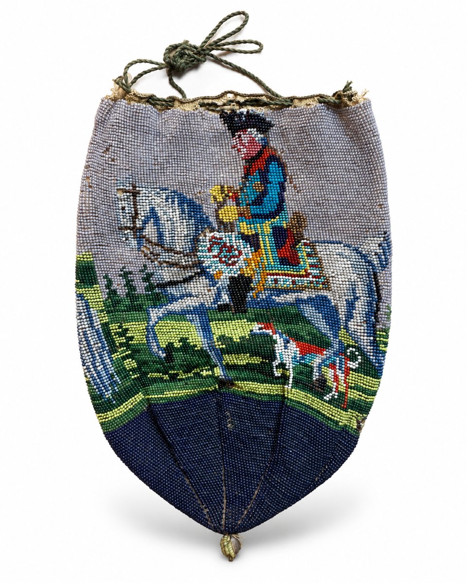 Aumônière ancienne sac en perles de verre Cavaliers à cheval – XVIIIe cuir