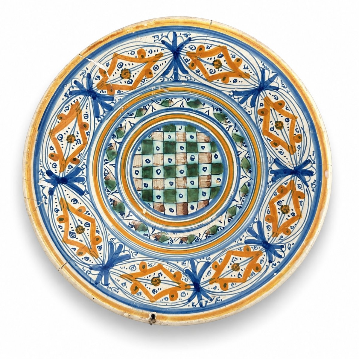 Renaissance-era Majolica Earthenware Plate From Montelupo, Italy, 15th Century, Checkerboard Pattern-photo-2