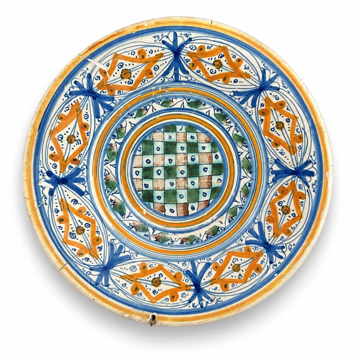 Renaissance-era Majolica Earthenware Plate From Montelupo, Italy, 15th Century, Checkerboard Pattern