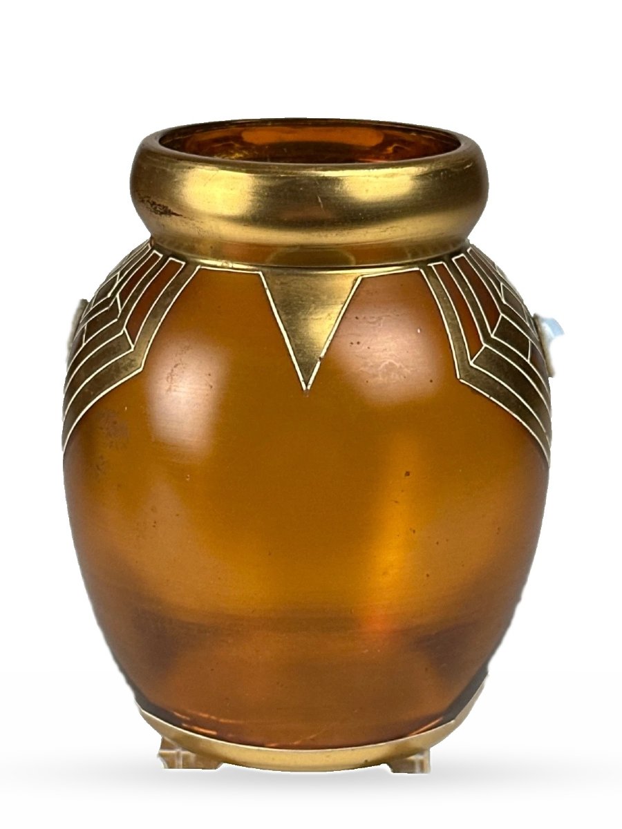 Vase Art nouveau Sécession viennoise  Autriche vers 1900  Verre ambré cabochons opalescent-photo-2