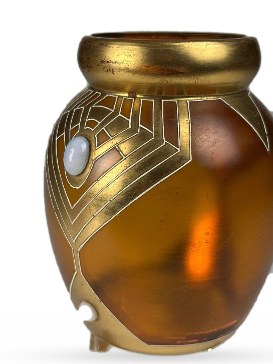 Vase Art nouveau Sécession viennoise  Autriche vers 1900  Verre ambré cabochons opalescent-photo-3