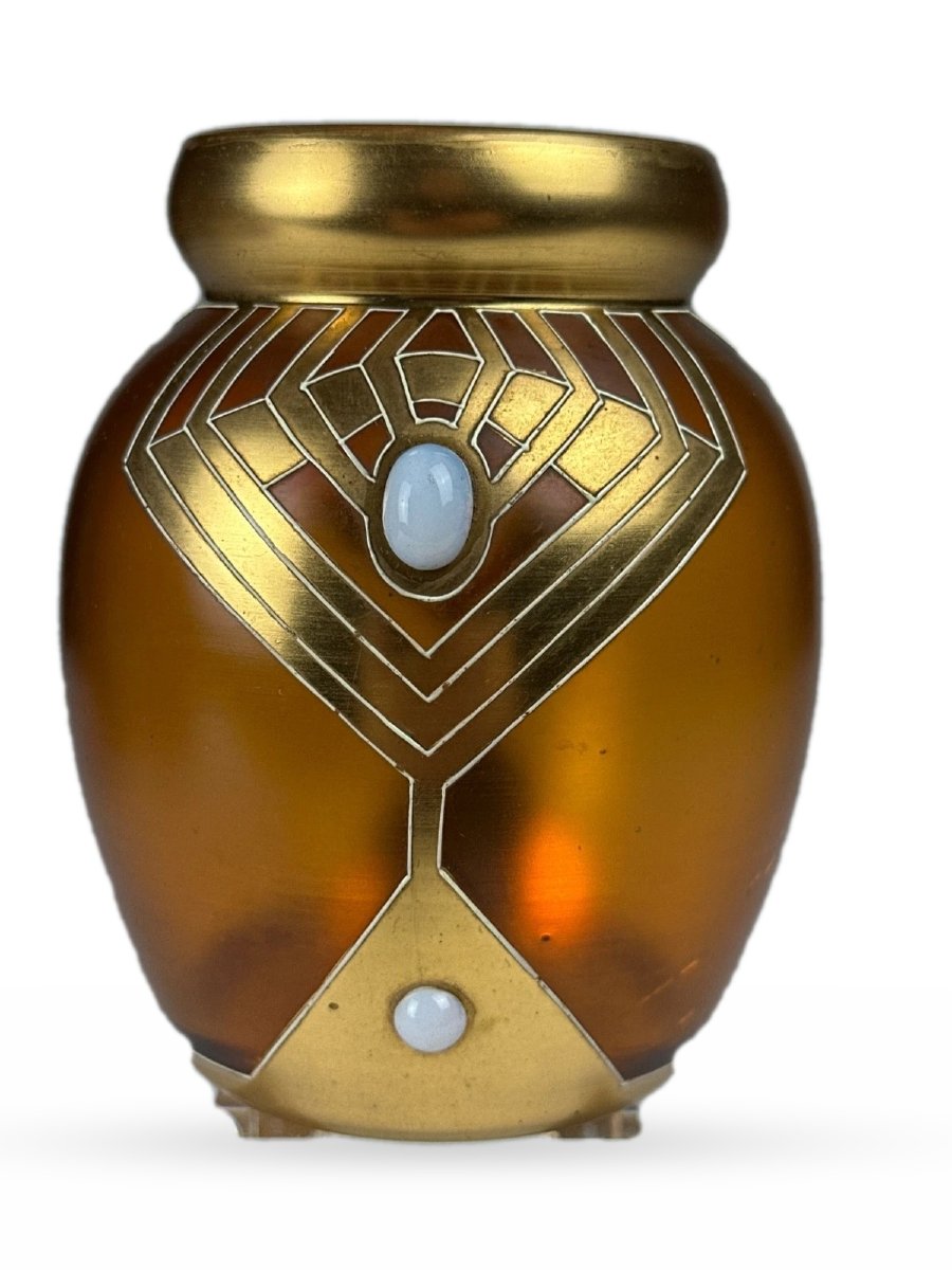 Vase Art nouveau Sécession viennoise  Autriche vers 1900  Verre ambré cabochons opalescent-photo-3