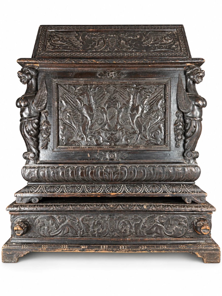 Large Cenotaph Chest, Carved Wood, Gothic Revival Style, Featuring A Grotesque Dragon By Sambin, 19th Century-photo-2