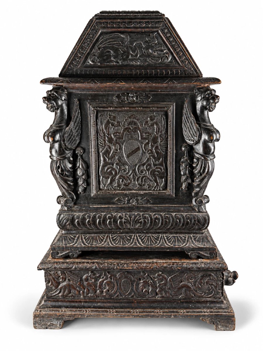 Large Cenotaph Chest, Carved Wood, Gothic Revival Style, Featuring A Grotesque Dragon By Sambin, 19th Century
