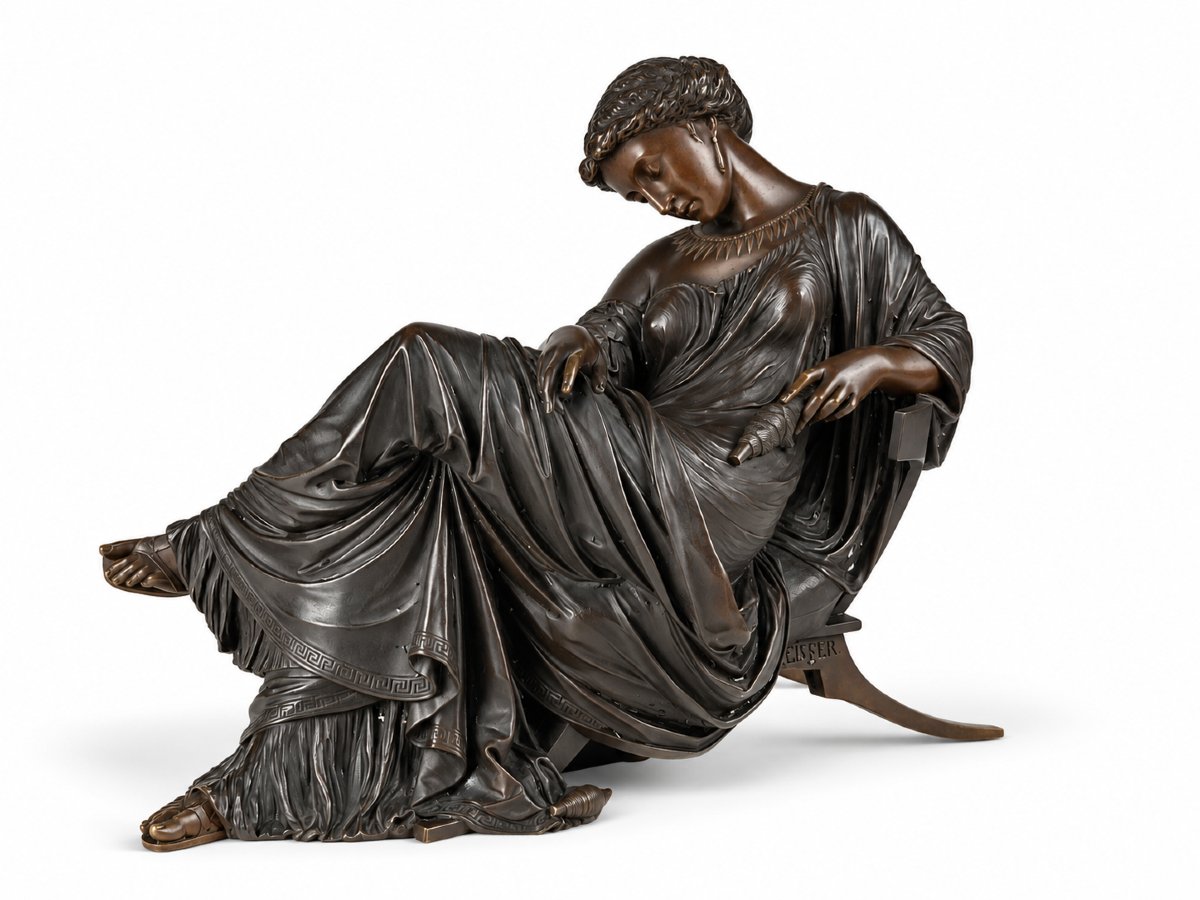 Peiffer Bronze néoclassique romantique XIXe - La Fileuse  Pénélope Odyssée Ulysse 