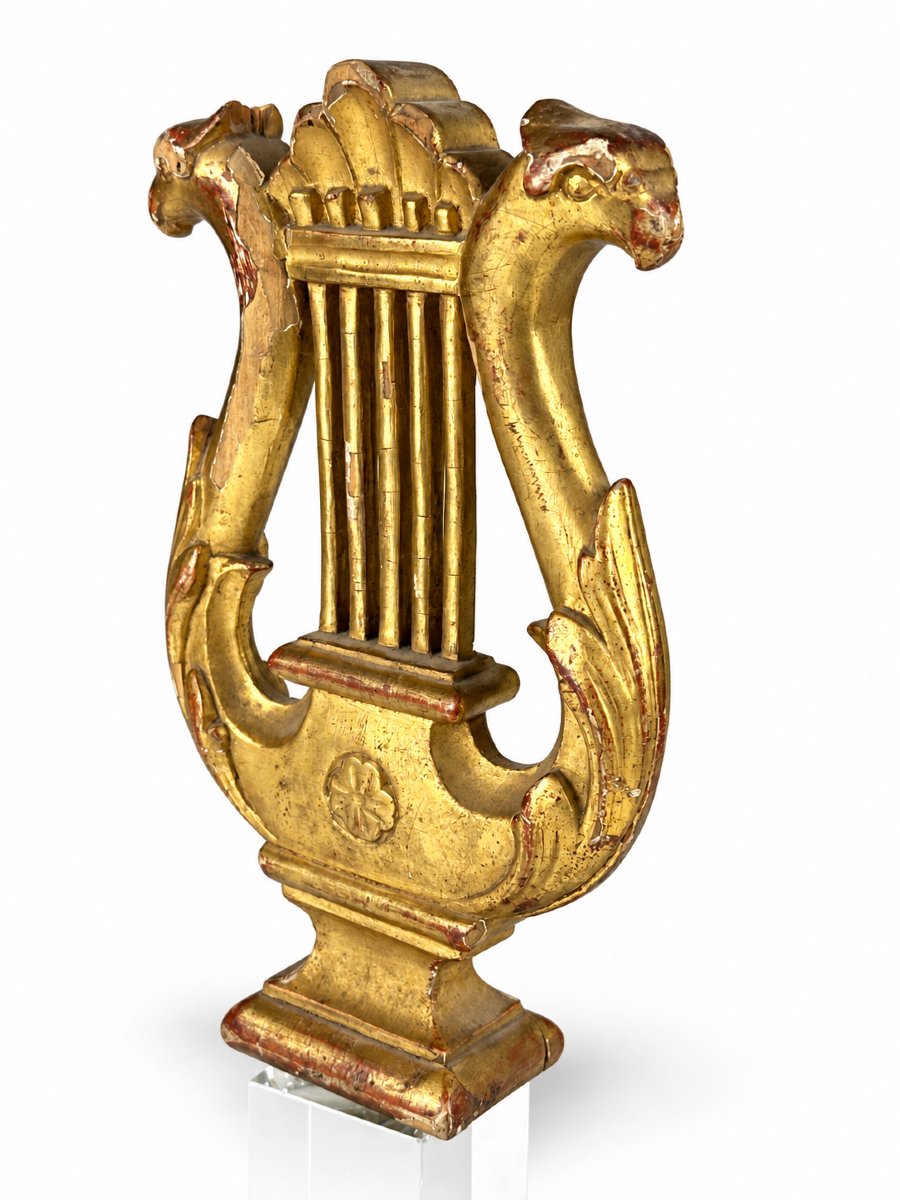 Gilded Wooden Flagpole, Empire Style, Lyre, Music, Fanfare, Harmony, Empire Eagle, 19th Century-photo-2