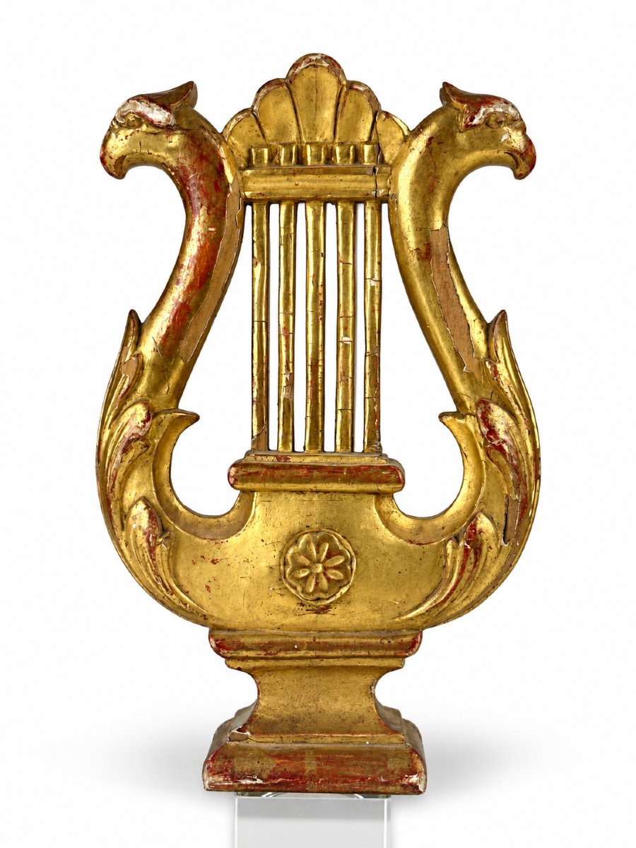 Gilded Wooden Flagpole, Empire Style, Lyre, Music, Fanfare, Harmony, Empire Eagle, 19th Century-photo-3