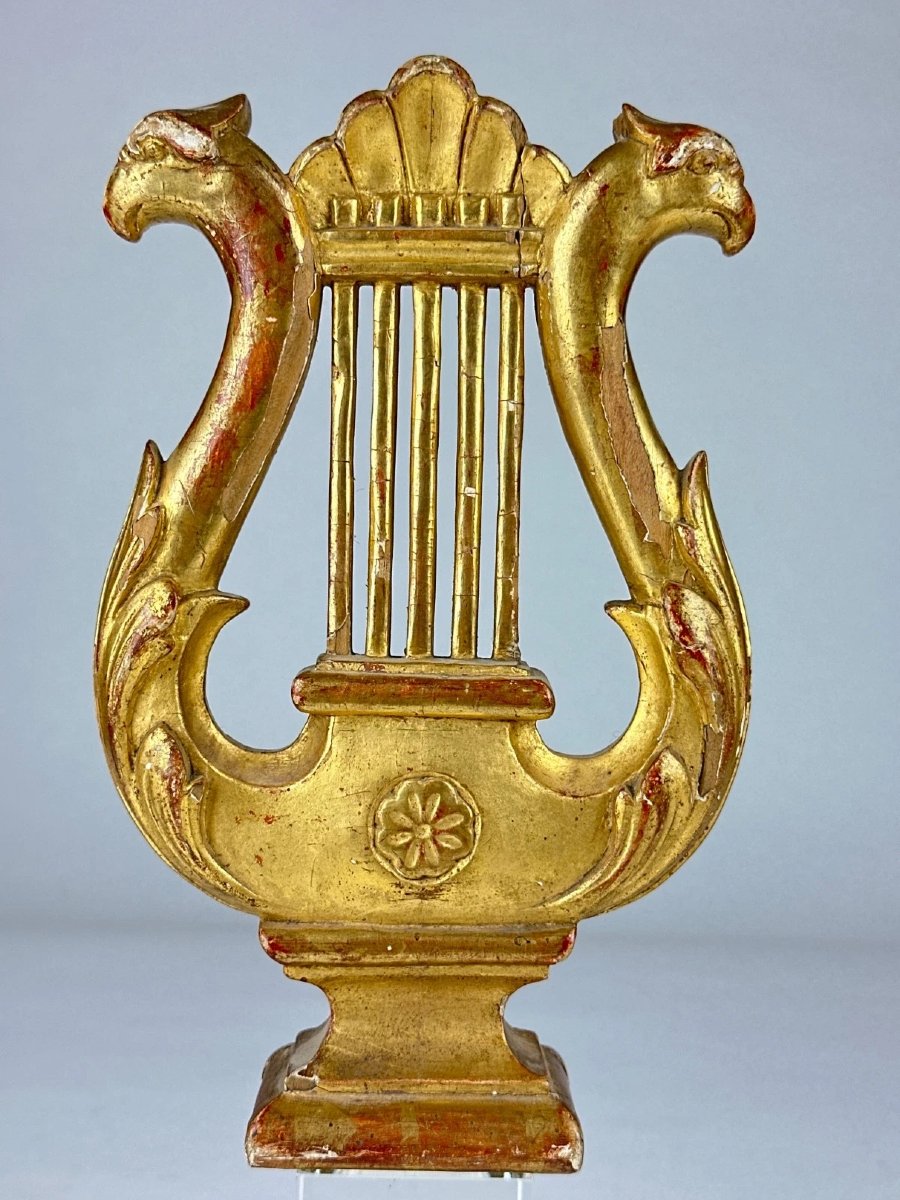 Gilded Wooden Flagpole, Empire Style, Lyre, Music, Fanfare, Harmony, Empire Eagle, 19th Century-photo-2