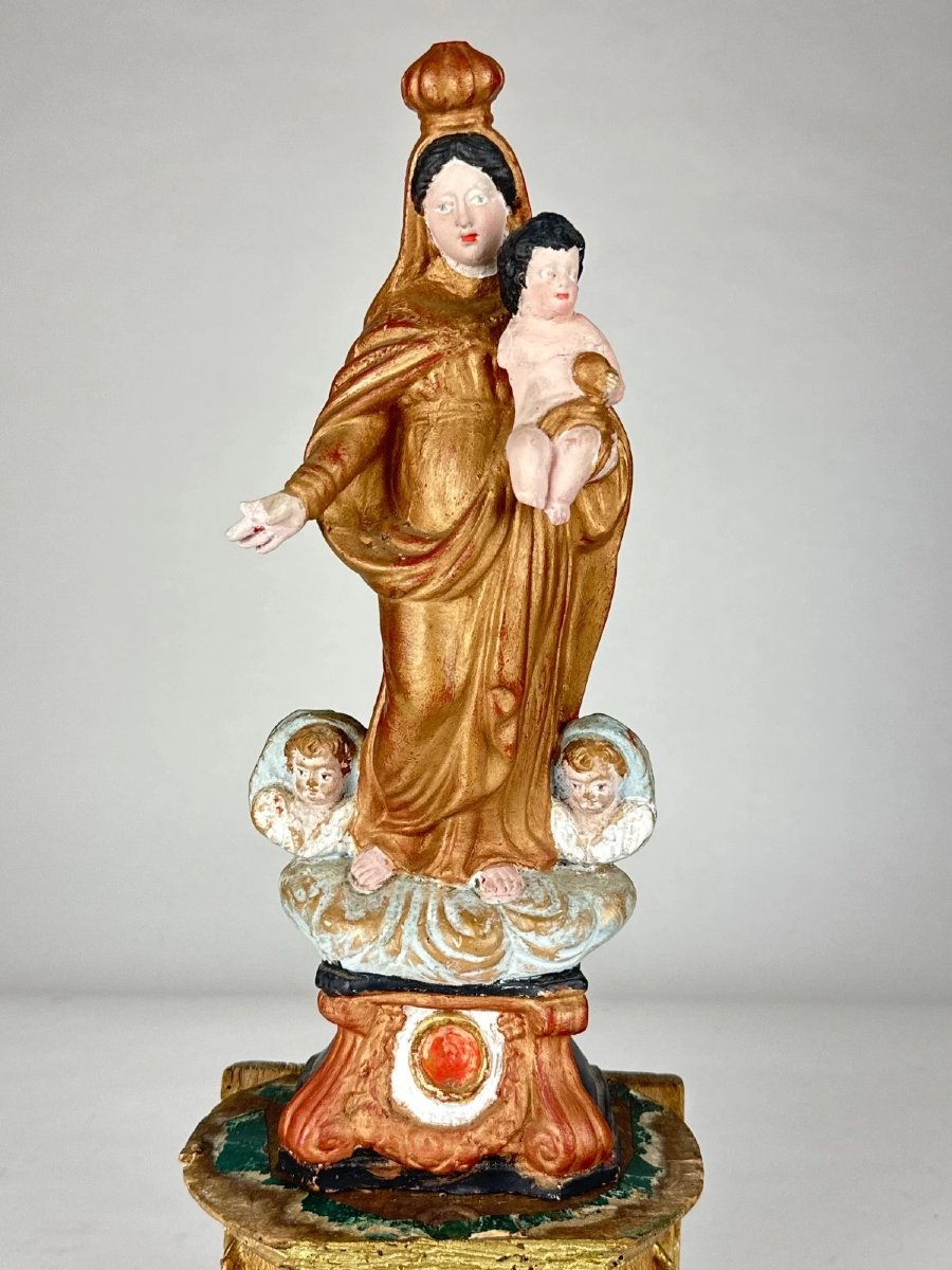 Vierge à l'enfant reliquaire Terre cuite santibelli socle 18e bois doré-photo-2