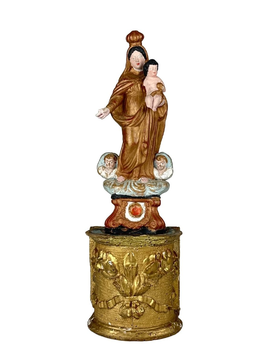 Vierge à l'enfant reliquaire Terre cuite santibelli socle 18e bois doré