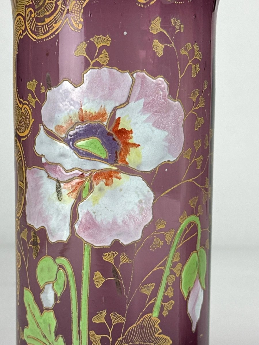 Legras Paire de Vase  verre  rose violine émail fleurs de Pavots Art Nouveau-photo-2