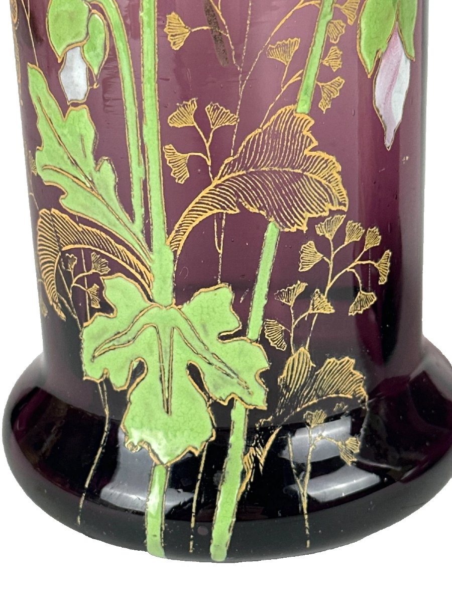 Legras Paire de Vase  verre  rose violine émail fleurs de Pavots Art Nouveau-photo-3