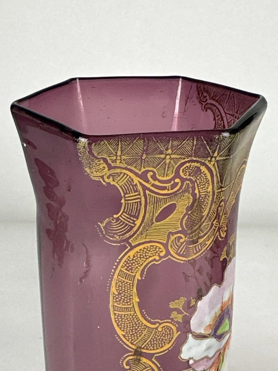 Legras Paire de Vase  verre  rose violine émail fleurs de Pavots Art Nouveau-photo-4