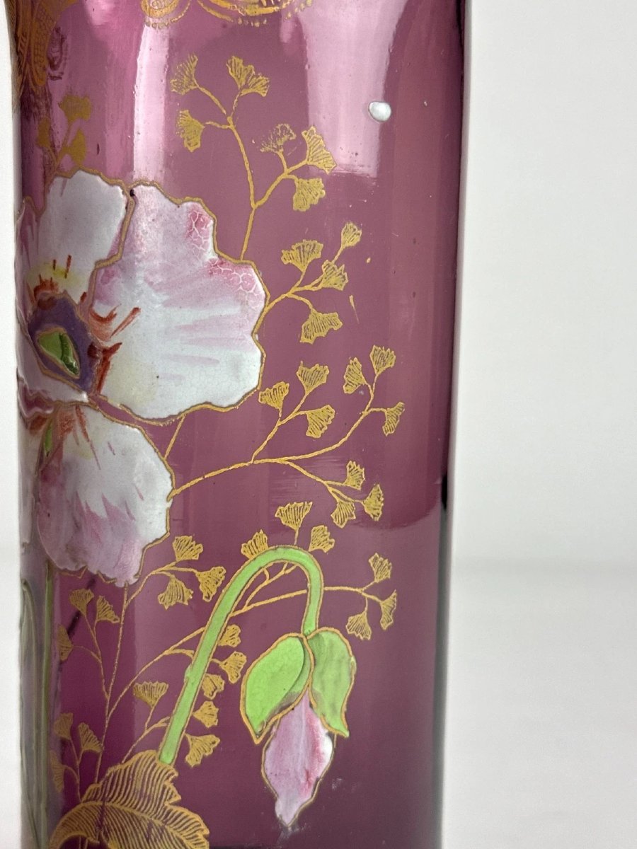 Legras Paire de Vase  verre  rose violine émail fleurs de Pavots Art Nouveau-photo-2