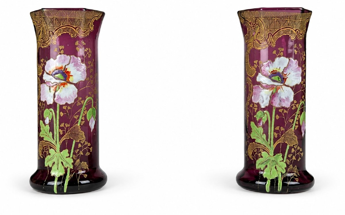 Legras Paire de Vase  verre  rose violine émail fleurs de Pavots Art Nouveau