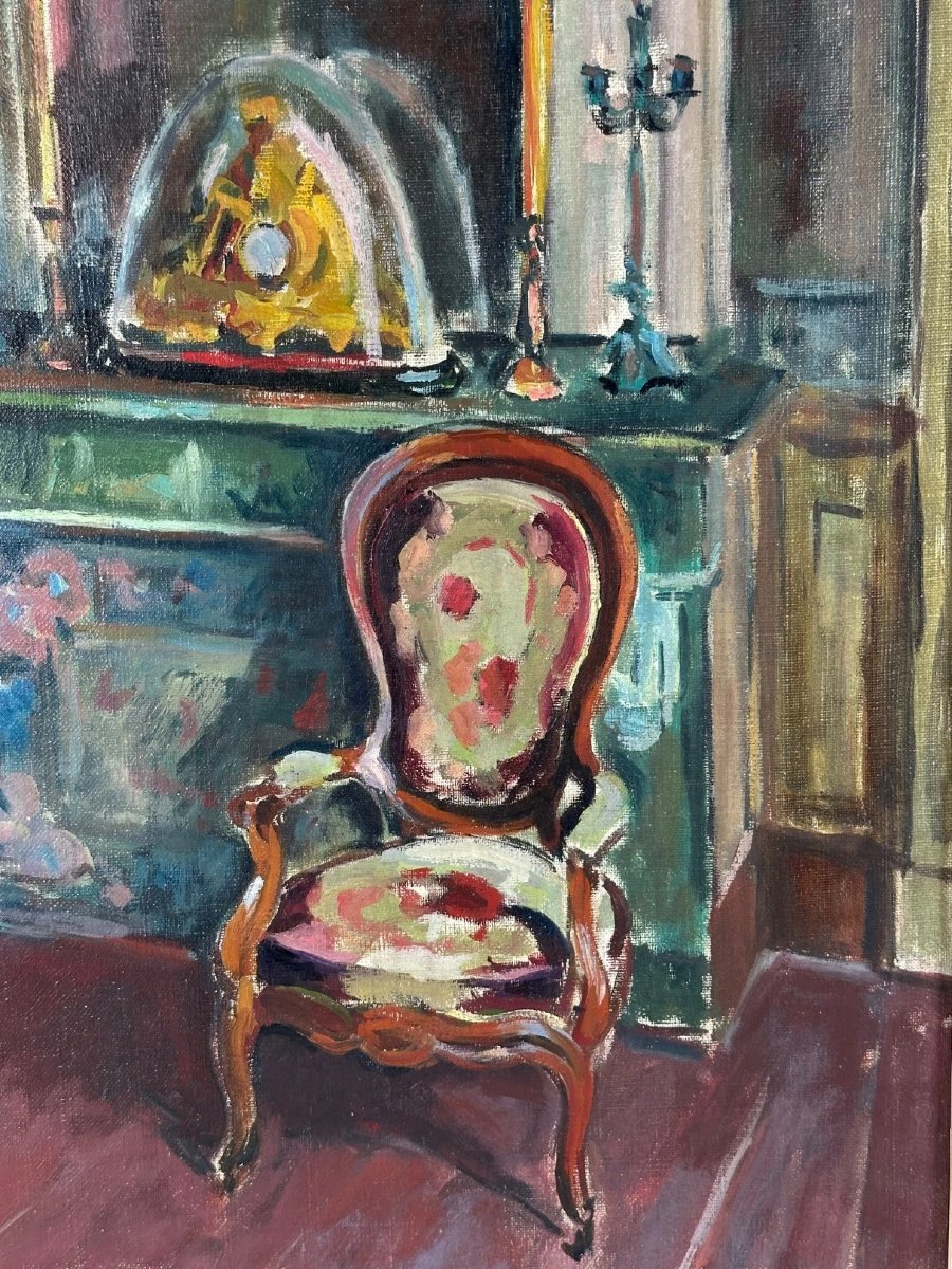 Arthur Fages Tableau intérieur d'appartement salon maison Fauteuil cheminée Pendule hst 1930-photo-3