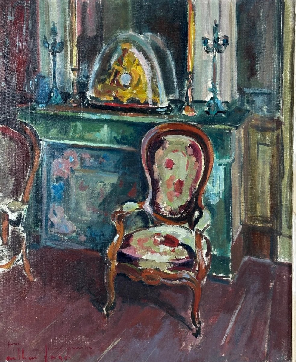 Arthur Fages Tableau intérieur d'appartement salon maison Fauteuil cheminée Pendule hst 1930
