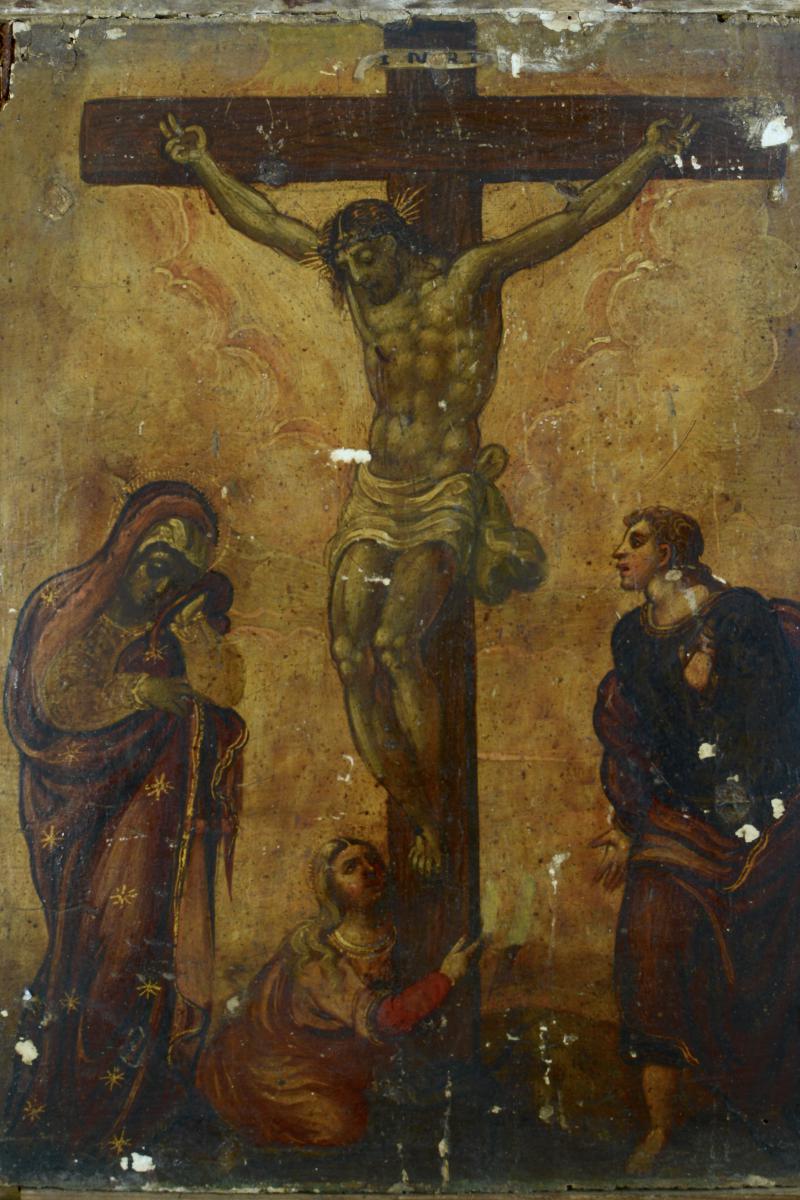 Rare Tableau Religieux 16Ème École Veneto Cretoise Crucifixion                                 