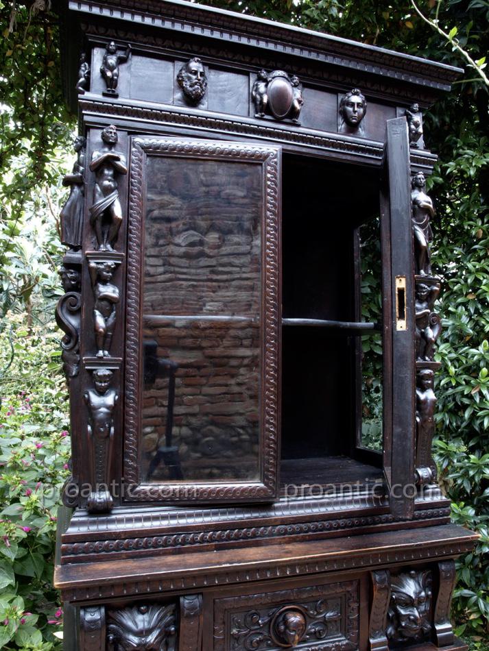 Rare Stipo Meuble Bois Sculpté Ange Lion Secretaire Cabinet De Curiosité Italie Rare Décoration-photo-6