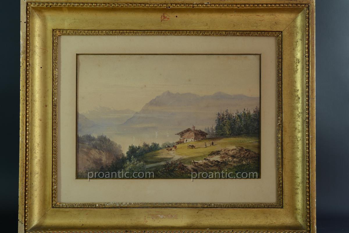 Aquarelle lac Léman Suisse Frédéric D'Andiran Bordeaux 1850